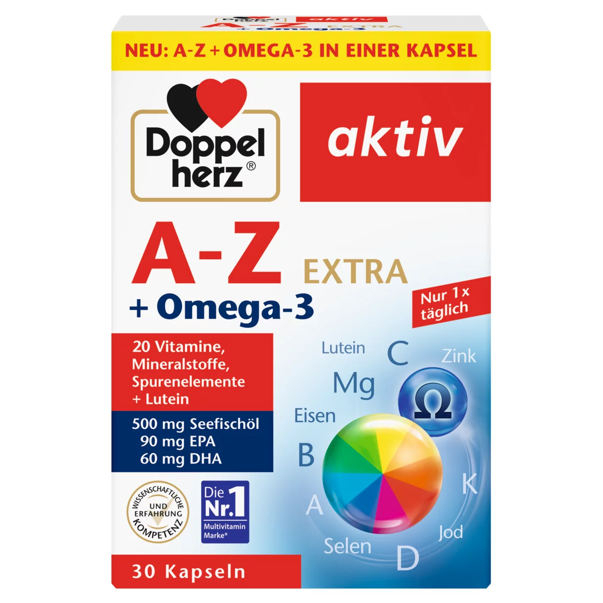 Abbildung der Produktverpackung Doppelherz aktiv A-Z + Omega-3 Frontansicht